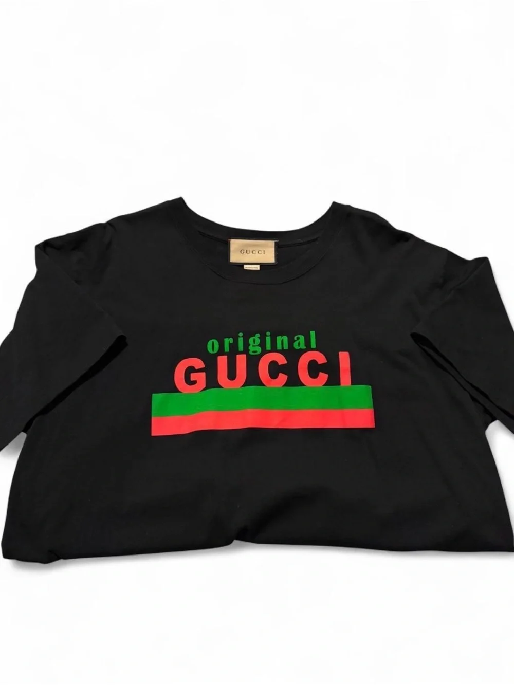 Gucci Black Tee with Green and Red Logo Stripe